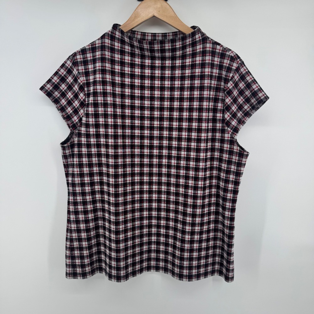Ann Taylor Plaid Knit Women XXL Mock Neck Cap Sleeve Preppy Office Dark Academia
